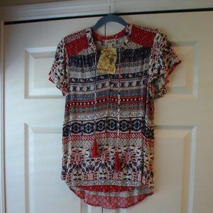 Smocked Shoulder Printed Peasant-Blue Top